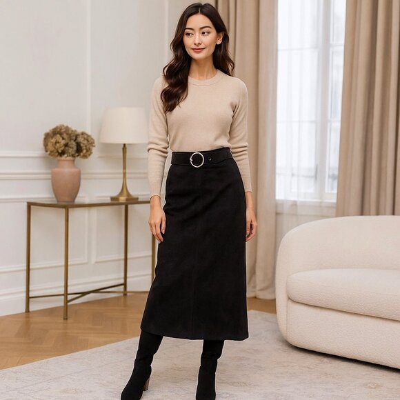 Vintage 90s Y2K Faux Suede Belted Maxi Midi Skirt with Pockets & Side Slits - Picture 2 of 11